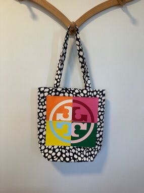 Tory Burch Black & White Printed Tote with Multicolor Logo Panel